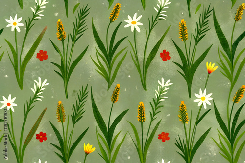 Seamless green floral pattern with summer flowers and herbs on green background in vintage style