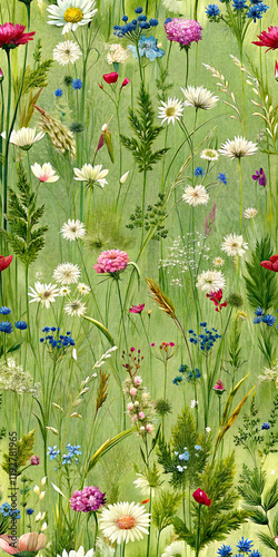 Seamless green floral pattern with summer flowers and herbs on green background in vintage style