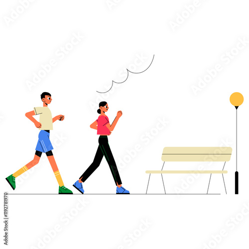 Morning Run In A Park In Flat Vector Illustration Symbolizing Fitness, Health, And Active Lifestyle, Isolated On White Background