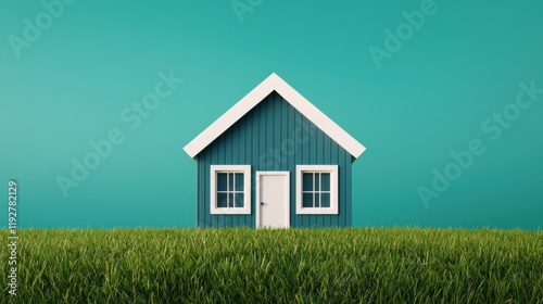 Wallpaper Mural Charming blue house surrounded by lush green grass tranquil setting digital artwork minimalist view Torontodigital.ca