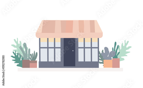 Fish shop with potted plants outside flat vector illustration with pastel colors ,Front view of seafood store