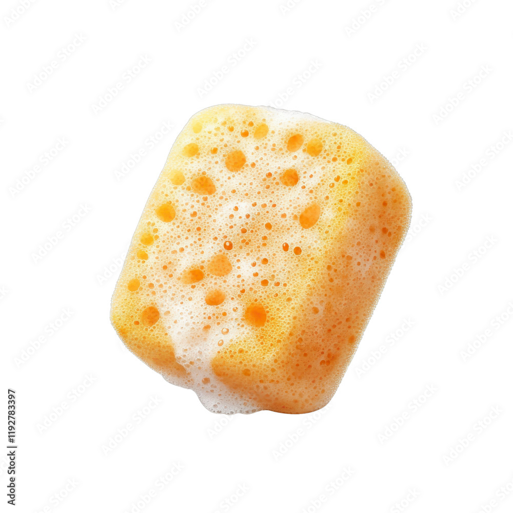 Fototapeta premium Cleaning Sponge on Isolated Bright Yellow Texture Close-Up Image Studio Lighting isolated on white background