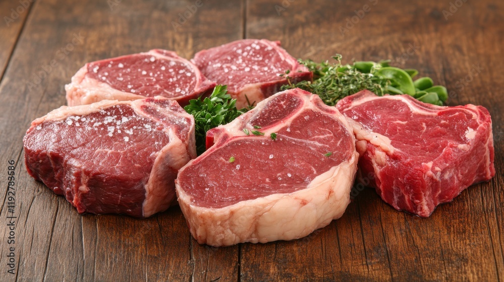 Fresh Raw Steaks on Rustic Wooden Surface Fresh Raw Steaks on Rustic Wooden Surface
