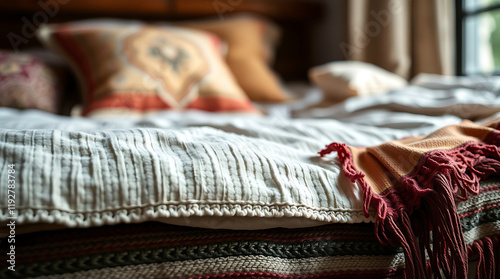 Cozy Bedroom Interior: Soft Bedding, Pillows, and Textures photo