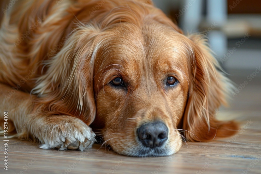 Obraz premium Golden retriever dog lying on the floor with its head down, looking sadly