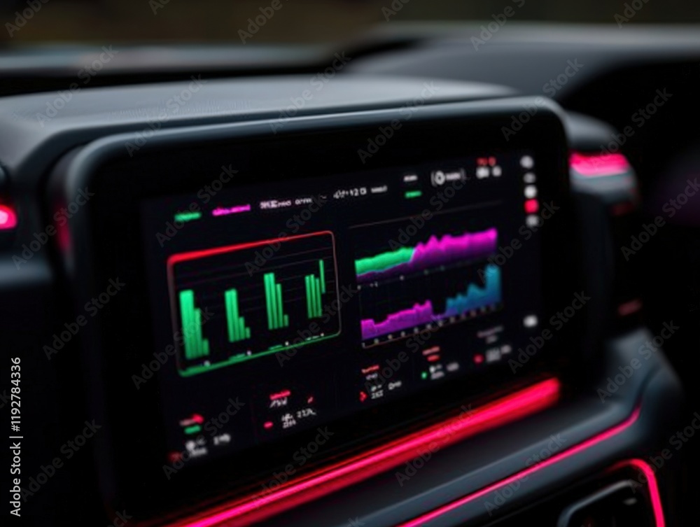 A sleek car dashboard display shows colorful graphs and data metrics, illuminated by vibrant ambient lighting. A sleek car dashboard display shows colorful graphs and data metrics, illuminated by vibrant ambient lighting.