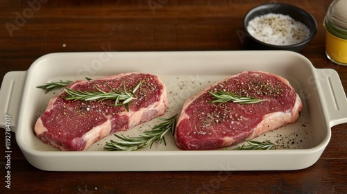 Fresh Raw Steaks with Rosemary and Pepper Seasoning photo