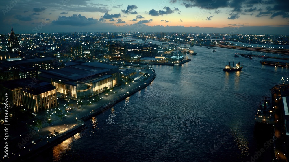 Naklejka premium A stunning twilight cityscape featuring a river, illuminated buildings, and softly glowing reflections on the water, showcasing urban beauty and serenity.