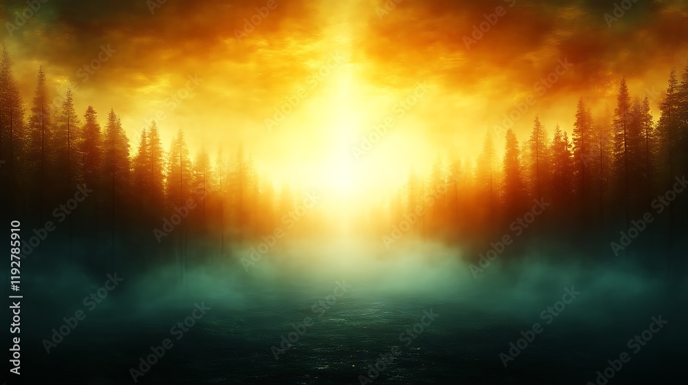 Obraz premium Golden Sunset Over Misty Forest Lake