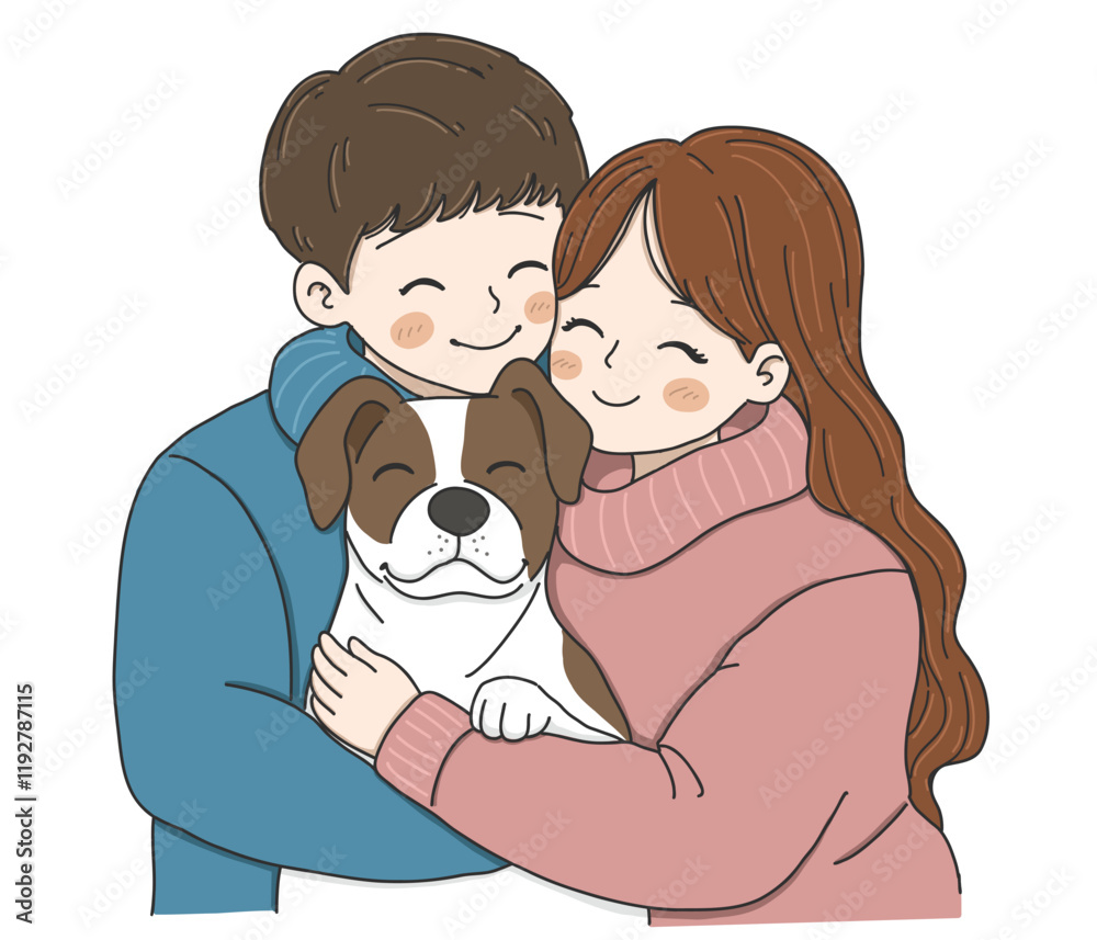 Couple holding a dog with love.A Romantic Gesture for International Hug Day vector illustration on white background
Couple holding a dog with love.A Romantic Gesture for International Hug Day vector illustration on white background