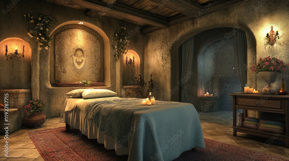Fototapeta premium Softly lit massage room with a bed draped in fresh linens and aromatherapy accents.