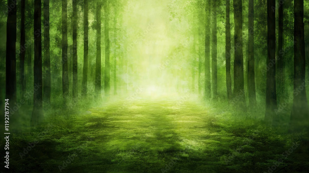 Obraz premium Serene Green Forest Path with Soft Mist and Ethereal Light Effects