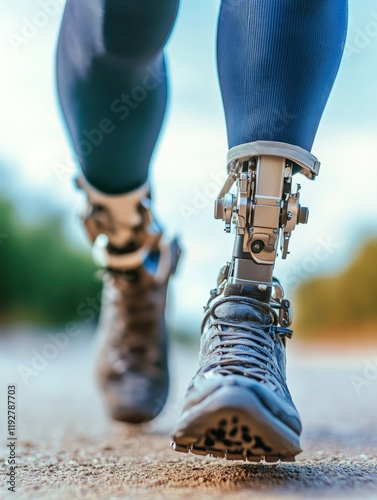 A prosthetic leg in motion during walking, showcasing functionality and support, enhancing mobility for individuals with limb loss photo