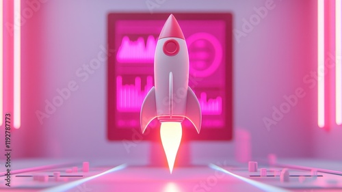 Pink Neon Startup Rocket Launching Business Growth Innovation Concept