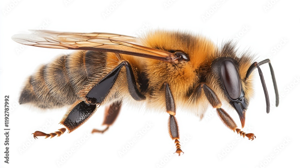 Close-Up View of a Honey Bee with Detailed Features, Highlighting the Intricate Patterns on Its Body and the Unique Structures of Its Wings and Antennae Close-Up View of a Honey Bee with Detailed Features, Highlighting the Intricate Patterns on Its Body and the Unique Structures of Its Wings and Antennae