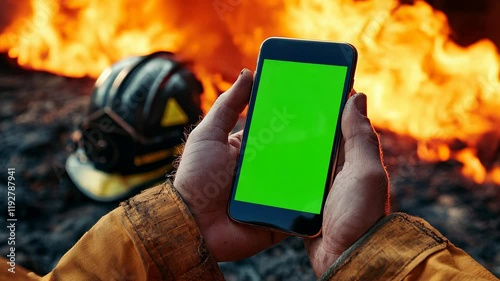 4k video of a firefighter holding a green screen phone.