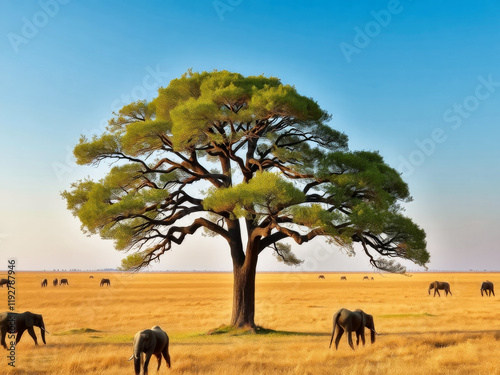 A large tree stands in a field with a herd of elephants grazing nearby. The scene is peaceful and serene, with the tree providing shade and a sense of calm in the midst of the open plain