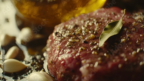 Fresh Raw Steak with Olive Oil and Garlic Cloves