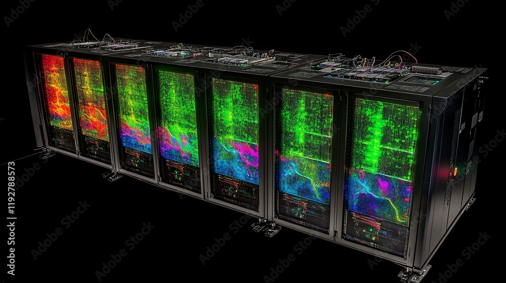 Fototapeta premium Advanced Supercomputer Processing Data with Blinking Lights and Cables in Dark Room, Emphasizing High-Tech and Data Handling Abilities