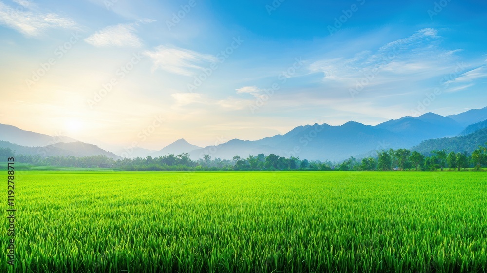 Fototapeta premium Serene Sunrise Over Lush Green Rice Field with Majestic Mountains in Background