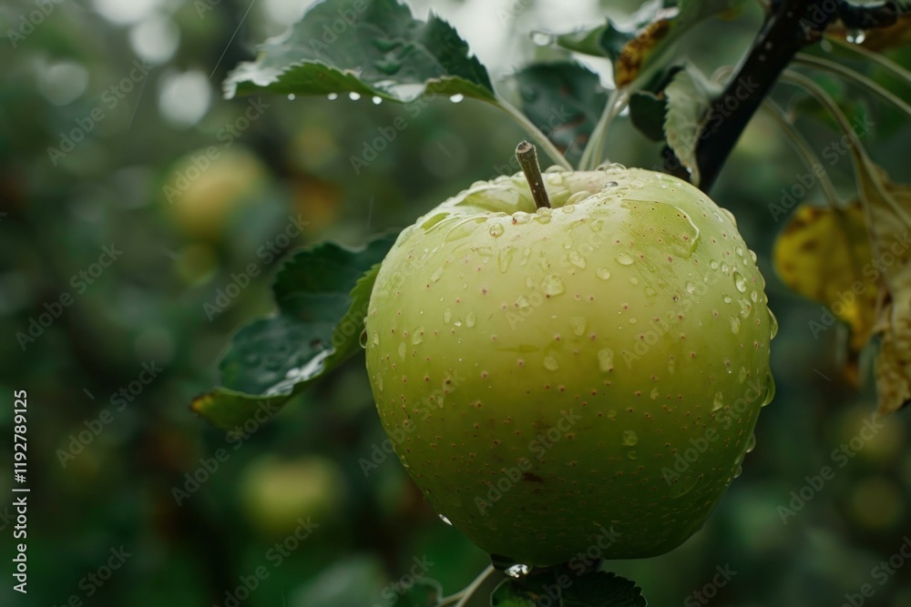 Green apple covered with rain drops hanging on branch in an orchard Green apple covered with rain drops hanging on branch in an orchard