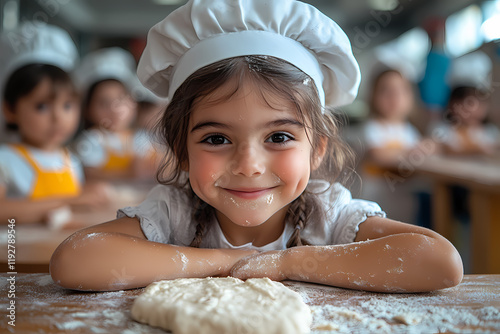 Children in a kindergarten dressed as bakers, pretending to make dough. A playful activity fosters creativity and introduces culinary traditions photo