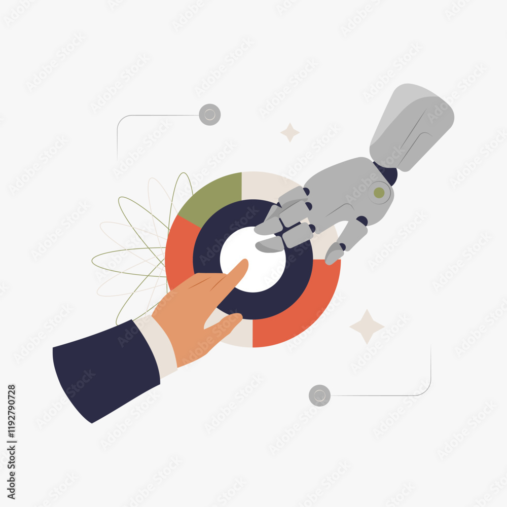 Robot hand and human hand interacting in flat vector illustration symbolizing artificial intelligence, collaboration, and innovation, isolated on white background. Robot hand and human hand interacting in flat vector illustration symbolizing artificial intelligence, collaboration, and innovation, isolated on white background.