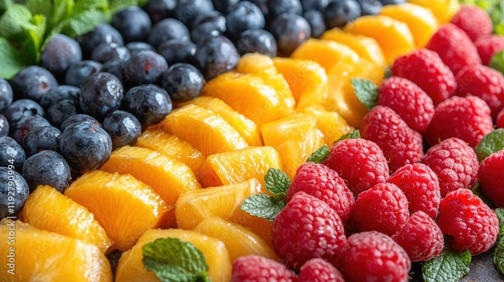 Close-up view of assorted fresh fruits: blueberries, orange segments, and raspberries arranged in vibrant color stripes, garnished with mint leaves. Close-up view of assorted fresh fruits: blueberries, orange segments, and raspberries arranged in vibrant color stripes, garnished with mint leaves.