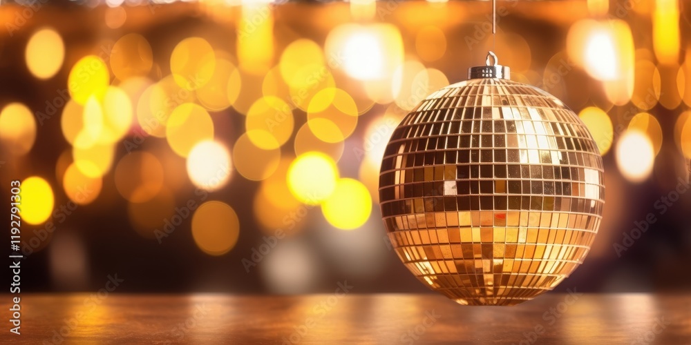 Fototapeta premium Sparkling Golden Disco Ball Hanging Above a Festive Background with Blurred Lights Perfect for Holiday and Party Celebrations