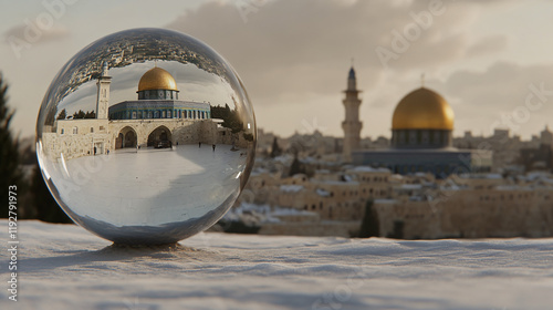 Hyper-realistic crystal ball with Al-Aqsa Mosque in Jerusalem inside, mystical and magical view of iconic Islamic architecture, spiritual and esoteric concept, fortune telling and divination tool, enc photo