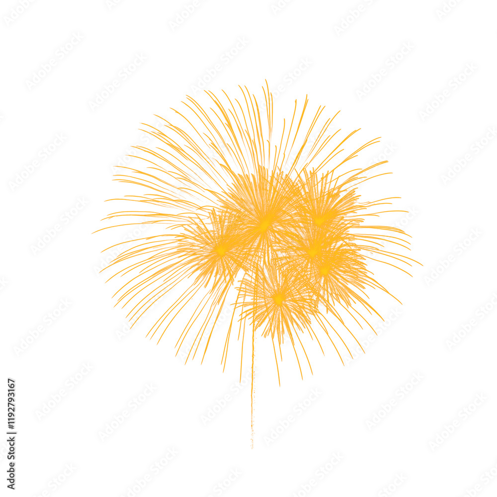 Obraz premium Golden fireworks with glittering sparks and realistic metallic effects, PNG background