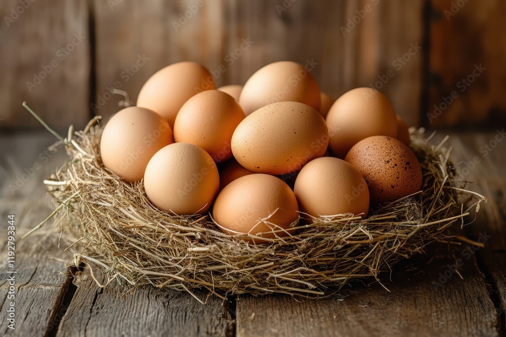 Fresh Brown Eggs in a Rustic Nest on Wooden Table with Natural Light and Warm Tones for Farmhouse Kitchen Decor or Culinary Inspiration Fresh Brown Eggs in a Rustic Nest on Wooden Table with Natural Light and Warm Tones for Farmhouse Kitchen Decor or Culinary Inspiration