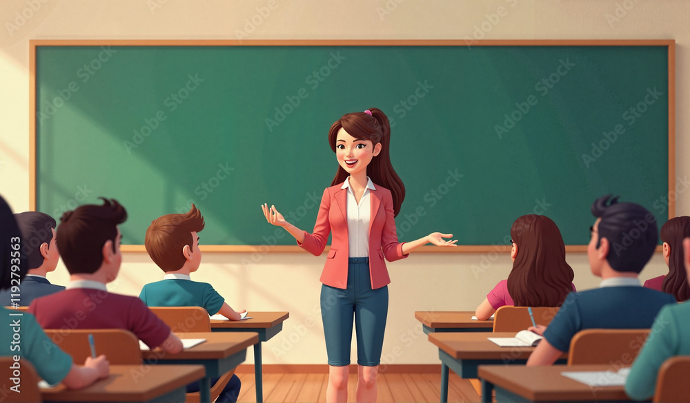 Confident teacher presenting at parent-teacher conference, classroom setting Confident teacher presenting at parent-teacher conference, classroom setting