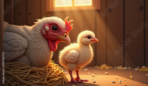 Turkey poult peeking from nest under hen in coop, farm beginnings