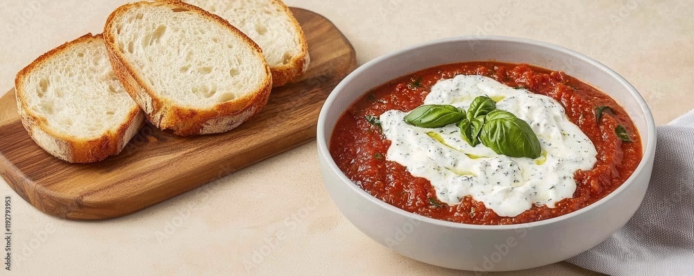 Creamy Tomato Soup with Basil and Bread Delicious Italian Cuisine Creamy Tomato Soup with Basil and Bread Delicious Italian Cuisine