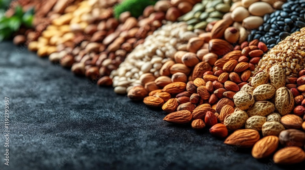 Obraz premium Assortment of Nuts and Seeds on Dark Background A Rich and Diverse Collection of Healthy Foods