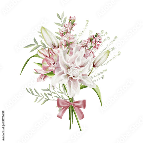  Spring bouquet of different flowers. Pastel delicate color palette. Lilies, bells, mathiolla. pink bow. Mother's Day, March 8th or birthday. Watercolor illustration without background photo