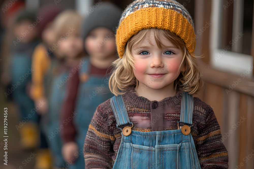 Children in a kindergarten dressed as farmers, pretending to care for imaginary animals. A playful activity teaches nature and responsibility Children in a kindergarten dressed as farmers, pretending to care for imaginary animals. A playful activity teaches nature and responsibility