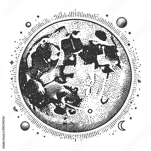the moon, showcasing intricate craters and textures, symbolizing celestial beauty and mystery sketch engraving generative ai vector illustration. Scratch board imitation. Black and white image.