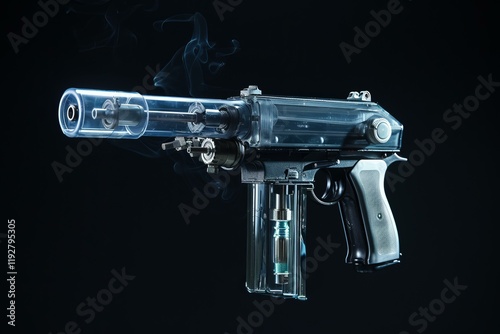 Futuristic transparent gun floating on black background with smoke coming out of the barrel photo