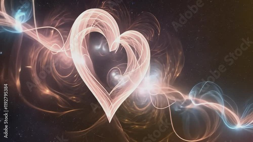 A luminous, ethereal heart shape glows brilliantly, set against a swirling nebula of soft, pastel colors, evoking feelings of love