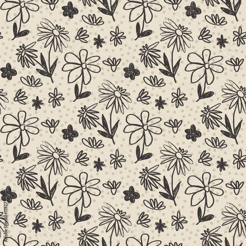 Flowers seamless pattern. Black floral stencil allover background. Marker drawn repeat cover. Surface pattern spring motif on beige bg. Vector hand drawn monochrome illustration.