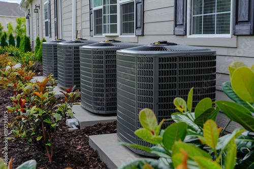 Multiple condenser units, providing climate control for a residential building, are installed on concrete slabs