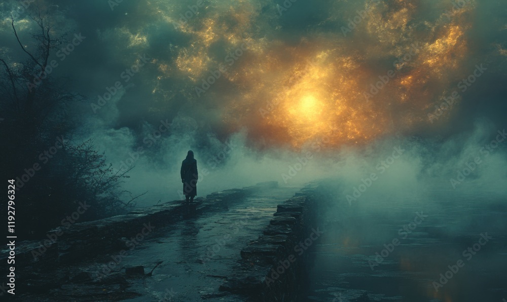 Mysterious figure walking along misty path at sunset Mysterious figure walking along misty path at sunset