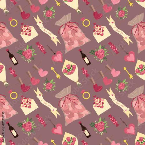 Seamless pattern for happy Saint Valentines day. Bag with pink glazed cookies, chocolate candies, rose flowers bouquets, buttonhole rose. Hand drawn vector illustration in flat style