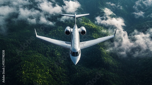 Business jet flying over lush green landscape aerial photography view