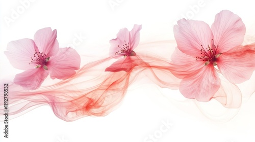 Delicate Pink Flowers with Ethereal Flowing Mist on White Background