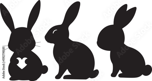 Black silhouettes, cartoon rabbits, bunny illustrations, minimalist design, three rabbits, front and back views, stylized animal shapes, white heart details, long ears, simple geometric forms