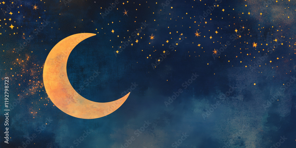 Naklejka premium A peaceful night sky showcases a glowing crescent moon surrounded by twinkling stars. The deep blue background enhances the magical ambiance, creating a serene and enchanting view