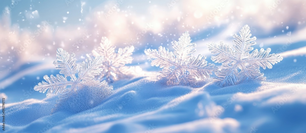 ** Close-up of Delicate Snowflakes on Soft Snow with Gentle Sunlight and Falling Snow in a Winter Wonderland Scene..** ** Close-up of Delicate Snowflakes on Soft Snow with Gentle Sunlight and Falling Snow in a Winter Wonderland Scene..**
